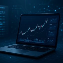A laptop displaying financial charts and graphs in a dark, technology-themed environment.