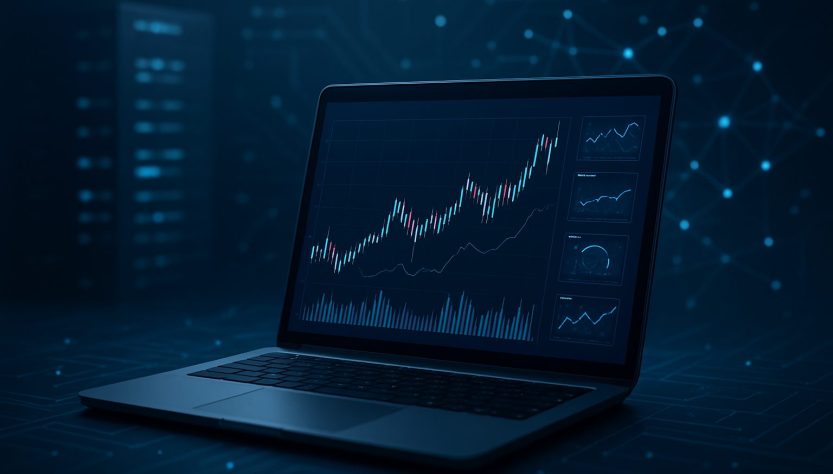 A laptop displaying financial charts and graphs in a dark, technology-themed environment.