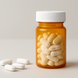 A close-up of a prescription bottle filled with beige pills, next to several loose white pills on a neutral background.
