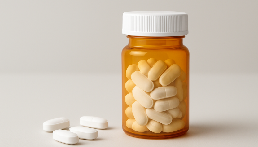 A close-up of a prescription bottle filled with beige pills, next to several loose white pills on a neutral background.