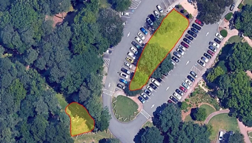 Aerial view of a parking lot outlined with color-coded sections and surrounded by trees.