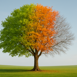 A tree displaying a gradient of fall colors on one side and bare branches on the other, set against a clear sky and gree