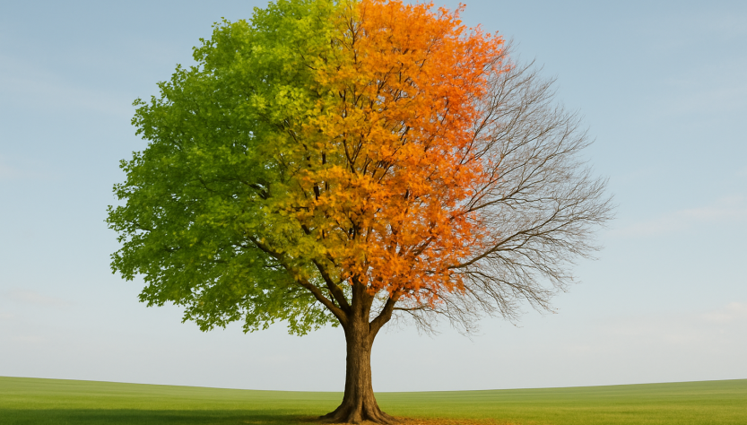 A tree displaying a gradient of fall colors on one side and bare branches on the other, set against a clear sky and gree